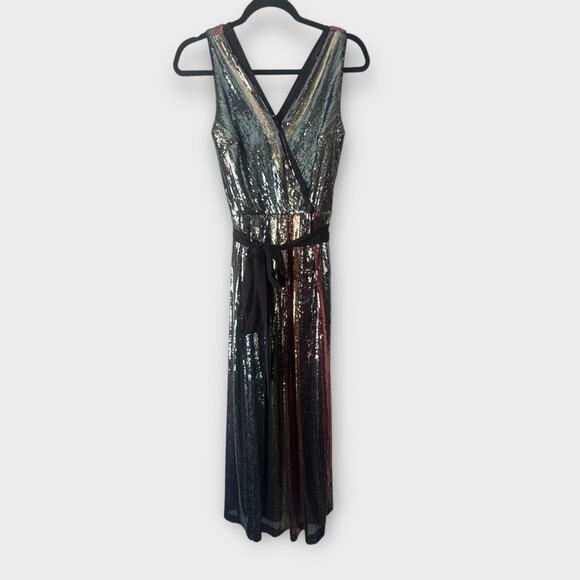 Julia Jordan V-Neck Stretch Multi Colored Sequin A-Line Midi Dress Size 6 - Picture 2 of 12